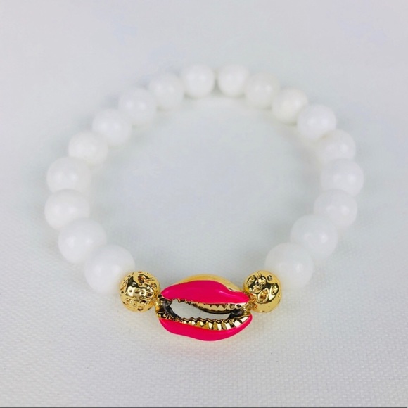 GEMSTONE | White Jade Sea Shell Beaded Bracelet - Picture 2 of 2